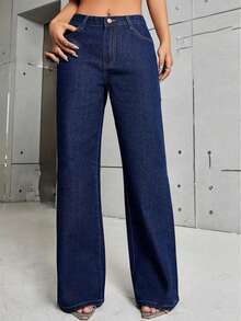 Pantalones Anchos de Denim Azul Elegantes para Mujer Hansuman - Cintura Alta, Corte Recto con Bolsillos Diagonales, Mezcla, Lavables a Máquina, Estilo para Todas las Estaciones - Azul Marino - Ver 4