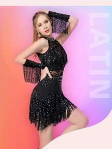 激情拉丁舞服装 - 闪亮水钻蕾丝边流苏裙，适合恰恰/伦巴舞比赛和狂欢节庆典 - 黑色 - 查看 8