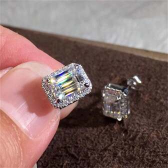 S925 Sterling Silver Geometric Stud Earrings Square Design & Cubic Zirconia Inlaid Jewelry For Women