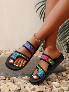 Damskie modne boho styl unisex lekkie antypoślizgowe codzienne płaskie sandały, para wsuwanych płaskich klapków plażowych - Zielony - Zobacz 3