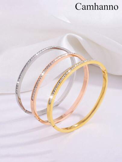 3قطع مصممة بتصميم بسيط من الفولاذ المقاوم للصدأ سوار مرصع بصف واحد من الأحجار، هدايا عطلة مناسبة للصديقات