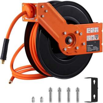 3/8 IN X 50 FT Retractable Air Hose Reel: Max 300PSI Hybrid Hose With 5 Ft Lead-In, Heavy-Duty Double Arm Steel Reel For Ceiling/Wall Mount - Ideal For Air Compressors