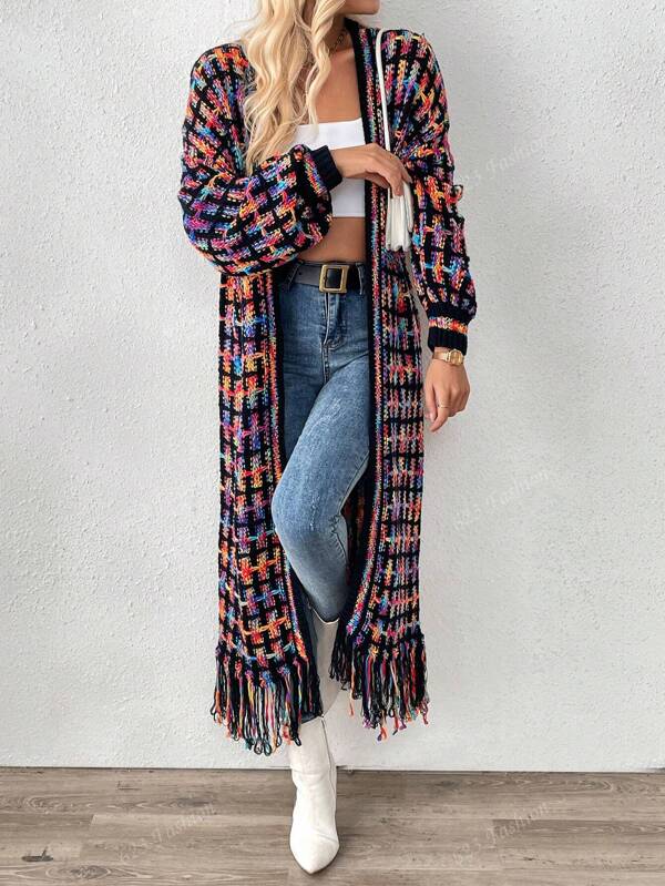 Cárdigan largo de mujer tejido a crochet con bordado colorido, estilo bohemio y de pradera
