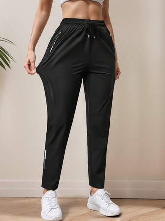 [Spring/Summer] High Stretch Mid-Waist Straight Leg Icefelt Pants For Women, Spring Autumn Elastic Waist Drawstring Outdoor Casual Quick-Dry Zipper Pocket Long Trousers, Suitable For Yoga, Fitness, Jogging Tights