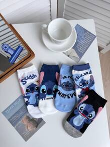 Disney 4 pares de calcetines tobilleros de mujer con estampado de Stitch de , versátiles para todas las temporadas, color aleatorio, de tela de alta calidad, sin relleno