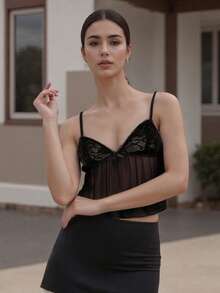 Women's Pleated Camisole Mini Bowknot Front Spaghetti Strap V-Neck Lace Cropped Tops - 黑色 - 查看 3