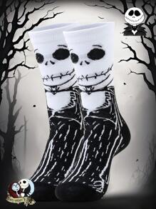 Disney 1 par, unisex, calcetines de media caña con dibujo de Jack de Disney, contraste negro y blanco, tejido suave, ajuste elástico, estilo gótico oscuro, set de calcetines de pareja/mujer, edición limitada para Pascua/verano/Halloween/pareja/mujer/calcetines blancos
