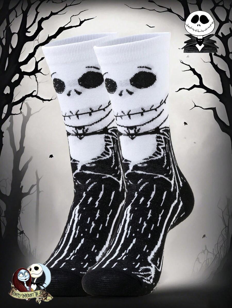 Disney 1 par, unisex, calcetines de media caña con dibujo de Jack de Disney, contraste negro y blanco, tejido suave, ajuste elástico, estilo gótico oscuro, set de calcetines de pareja/mujer, edición limitada para Pascua/verano/Halloween/pareja/mujer/calcetines blancos
