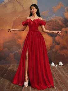 VIPGIRL Elegant Net Yarn Elegant Slit Maxi Off Shoulder Evening Gown Party Dress Wedding Guest Dress Formal Dress Evening Dress