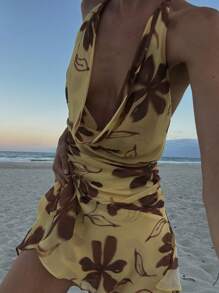 Beach Holiday Printed Lace-Up Butter Yellow Dress For Women Sexy Halter Neck Backless Mini Dress Elegant Sleeveless Robe Graduation Outfit