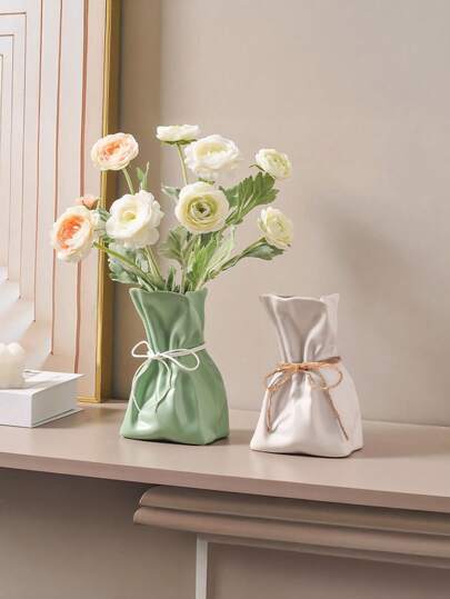 1PC Boho Farmho Linen Inspired Ceramic Like Plastic Vase Textured Surface, Home Centerpiece Wedding Ho warming Unisex Rustic Tabletop ation Room Flower Glass view 8