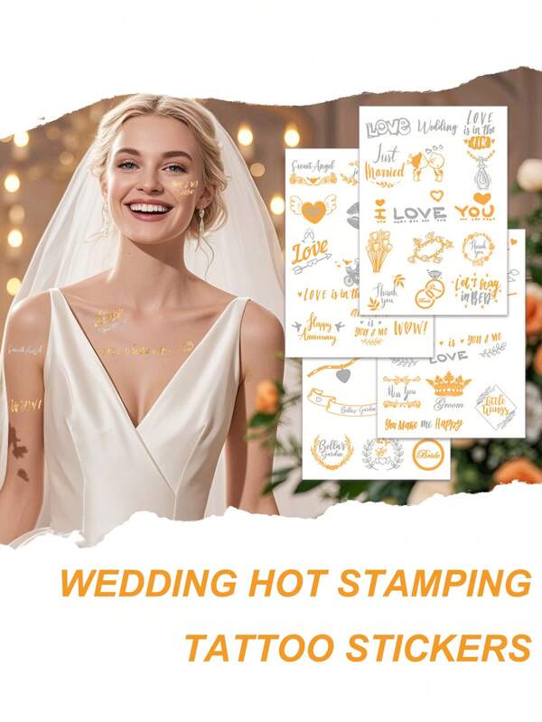 5 Pcs Bridal Wedding Temporary Metallic Tattoos For Bride, Bridesmaids, Bachelorette Party, Heart, Star, Flower, Ribbon Designs