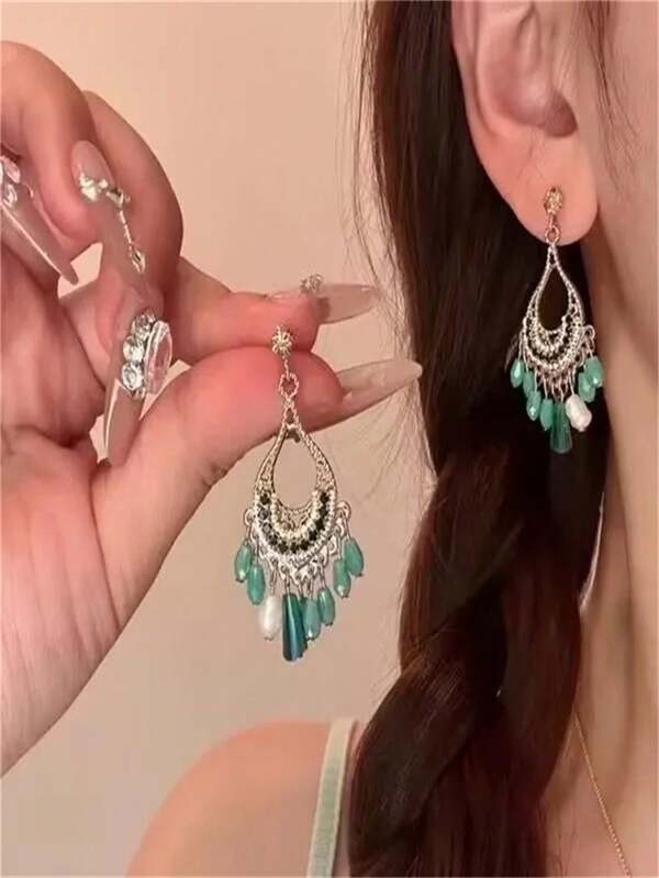 1 Pair Lightweight Vintage Style Teardrop Tasseled Earrings, Unique Boho Design Ear Studs