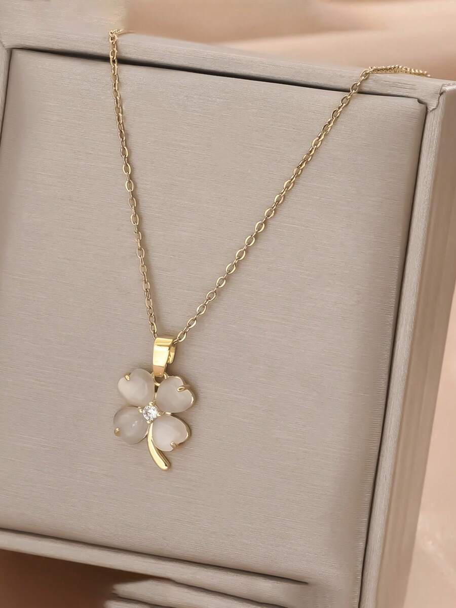 1pc Stainless Steel Gold-Plated Chain Cubic Zirconia Cat Eye Stone Clover Pendant Necklace, Unique Minimalist Fashion Unisex Necklace For Casual, Party, Holiday Wear (No Gift Box)
