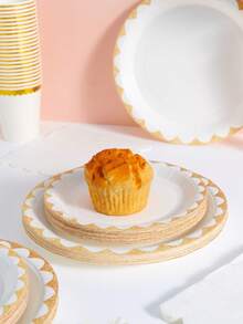 25pcs White & Gold Floral Disposable Plates, Napkins And Cups Set, Suitable For Birthday, Wedding, Party, Family Picnic - Multicolor - View 4