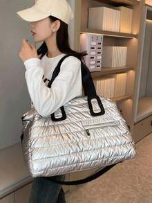 New Solid-Color Large-Capacity Travel Fitness Bag In Winter, Double-Handle Tote Bag With Welt Zipper Bag, Which Can Be Slung Sideways, Multi-Layer Lightweight Portable Fitness Bag, Weekend Overnight Bag, Suitable For Swimming, Fitness Yoga And Outdoor Sports. - Silver - View 3