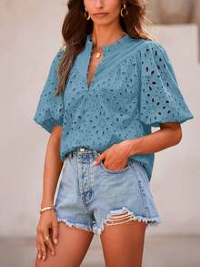 Women's Summer Top Fashion Casual Lantern Short Sleeve V-Neck Button Hollow-Out Lace Embroidery Shirt - 灰藍 - 查看 4
