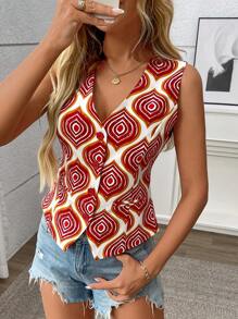 Damen elegantes, lässiges, vielseitiges bedrucktes Trägershirt-Top, Stoff mit gewebtem Diamantmuster, Fake-Tasche, für den Alltag & Urlaub, Frühling/Sommer/Herbst