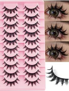 （10 对）漫画睫毛尖头猫眼睫毛，自然造型动漫假睫毛单根纤细韩式妆容睫毛簇，日式角色扮演睫毛浓密假睫毛延长 - 彩色 - 查看 7