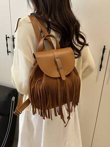 Vintage Cowboy Style Fringed Suede Handbag, Bohemian Style Backpack For Commuting & Shopping, School Backpack - Brown - View 4