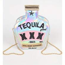 Fashionable And Interesting Women's Sparkling Bag Crossbody Bag, Tequila Bottle Shaped Handbag Elegant Handbag, Creative And Personalized Shoulder Bag For Girls - HOLO-sILVER - View 1
