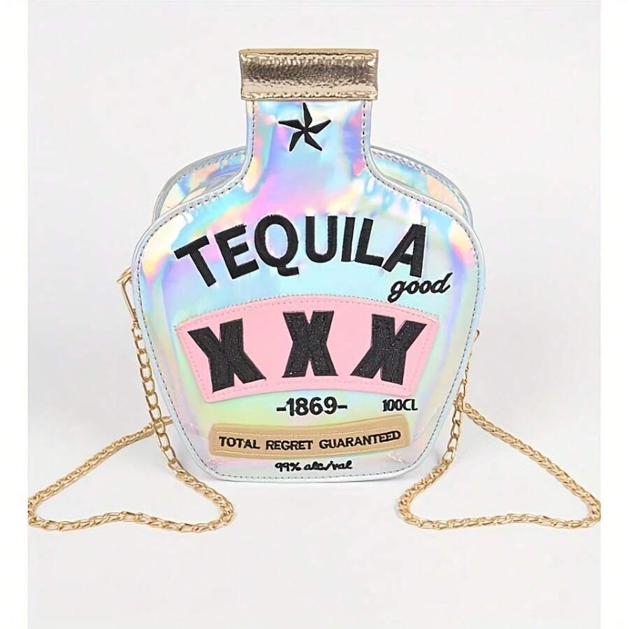 Fashionable And Interesting Women's Sparkling Bag Crossbody Bag, Tequila Bottle Shaped Handbag Elegant Handbag, Creative And Personalized Shoulder Bag For Girls - HOLO-sILVER - View 1