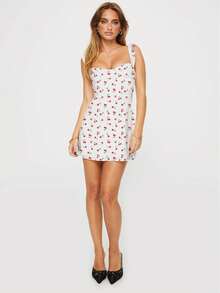 Ditsy Floral Cute Girl's Adjustable Ruffle Strap Side Invisible Zipper Criss-Cross Back Tie Mini Dress, Pink Flower, Suitable For Spring/Summer Vacation