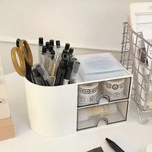 1 件迷你 2 抽屉桌面收纳盒，适用于文具和化妆品 - 带笔架的多功能收纳盒，紧凑节省空间的设计 - 返校用品、宿舍和办公桌必需品 - 彩色 - 查看 7