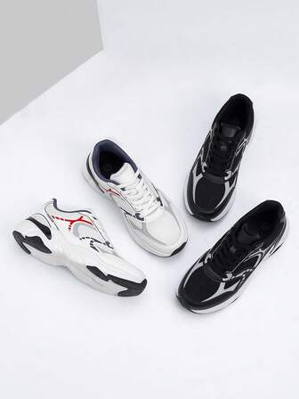 1 Pair Men's Casual Shoes, Round Toe Low-Top Sneakers, Patterned Fabric, Contrast Color Block, Geometric Print, Black, Preppy Style, Casual, Basic, Lace-Up, Suitable For Workout, Office, All Seasons, Non-Slip, Durable, Versatile