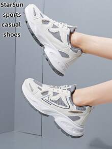 女士春秋新款休闲运动鞋，透气网眼厚底坡跟系带轻便百搭时尚运动鞋，白色/灰色，适合所有季节，运动休闲鞋 - 灰色 - 查看 5
