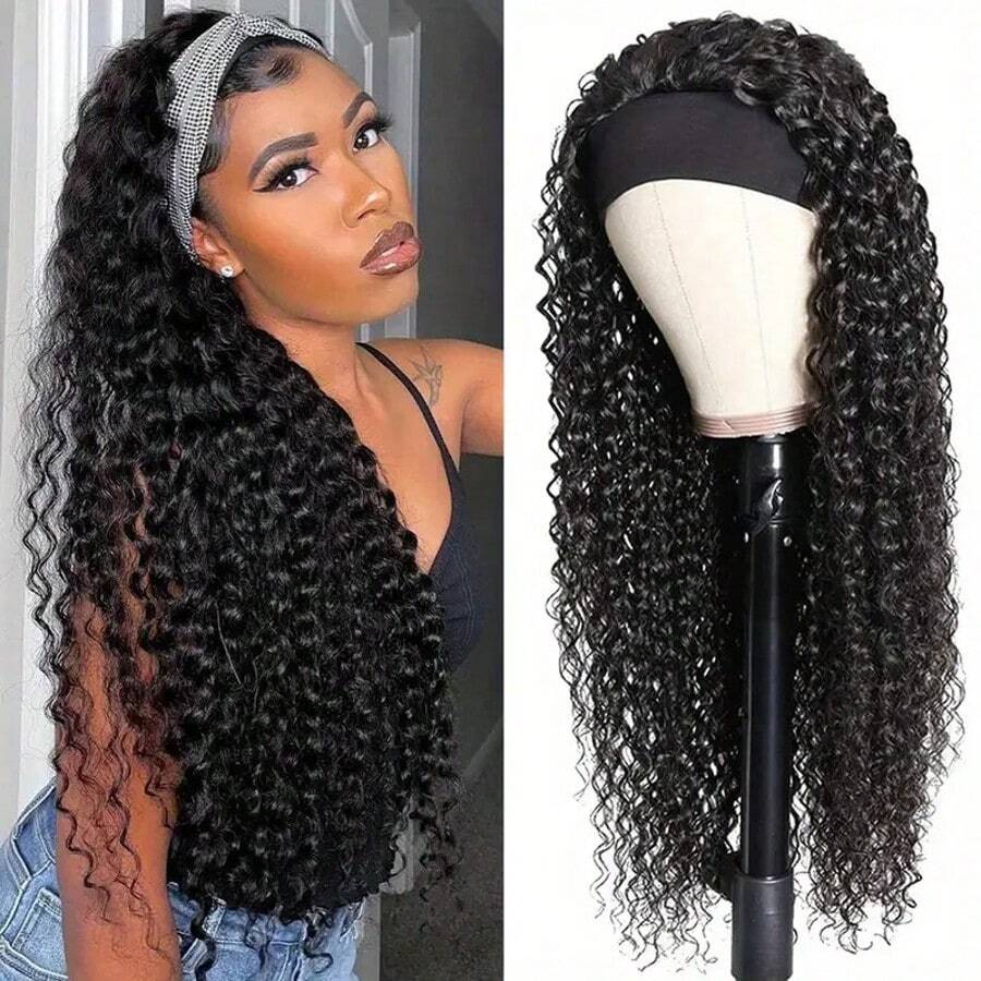 Headband Human Hair Wig Water Wave Curly Non Lace Front Wigs For Women Deep Wave Glueless Wear And Go Half Wig With Band 30S Ready To Wear Beginner Friendly 180% Natural Hairline - Natural Black - 查看 1