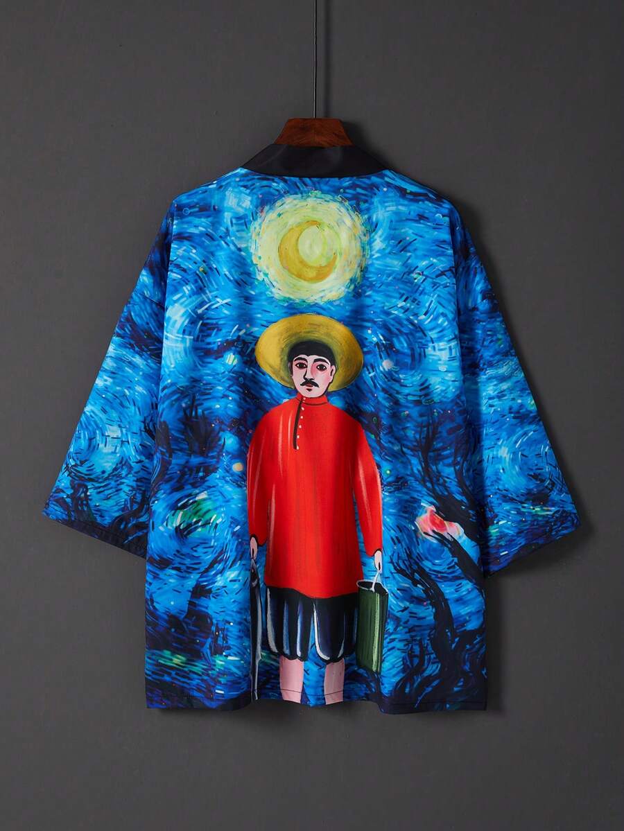 Retro Loose Stylish Personalized Oil Painting Print Kimono Cover Up, Fashionable Cover Up For Beach, Swimsuit, Summer Outerwear, Lightweight Chiffon Jacket