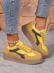 Women's Casual Shoes Thick Sole Color Block Round Toe Yellow Wedge Platform Sneakers