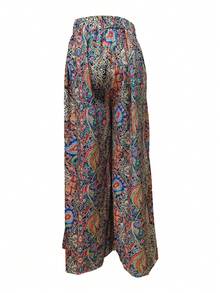 Women's High-Waisted Loose-Fit Leaf Print Palazzo Pants - Vibrant Tropical Botanical Design New Arrival Office Workwear Trousers For Women, Fashion Casual Elegant Wide Leg Pants - Blue - View 4