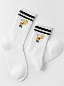 1 par de calcetines unisex/mujer/hombre con estampado de dibujos animados de Los Simpson y doble franja, calcetines tipo crew lindos y deportivos, suaves y cómodos, versátiles para uso casual, estudiantes, fiesta de adultos/festividades de Halloween, oficina, hogar y uso diario, primavera/verano