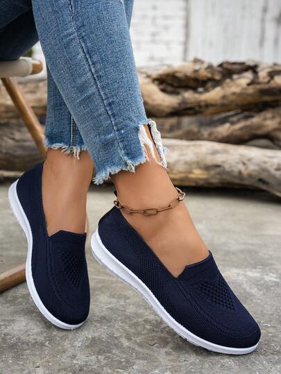2025 New Fashionable Women Casual Sports Outdoor Shoes, Soft Bottom Knitted Flat Shoes, Breathable Soft Sole Shoes, Comfortable Slip-On
