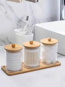 3 Pieces Clean Swab Rack With Tray, Designed Specifically For Organizing And Storing Bathroom Items. These Transparent Plastic Jars With Wooden Lids Are Perfect For Storing Balls, Clean Swabs, And Dental Floss. Bathroom Accessories Bathroom Organizer Back To School Storage