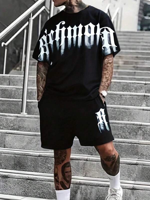 2025 New Style Men's Outdoor Casual American Letter Print Creative Short Sleeve Sports Suit