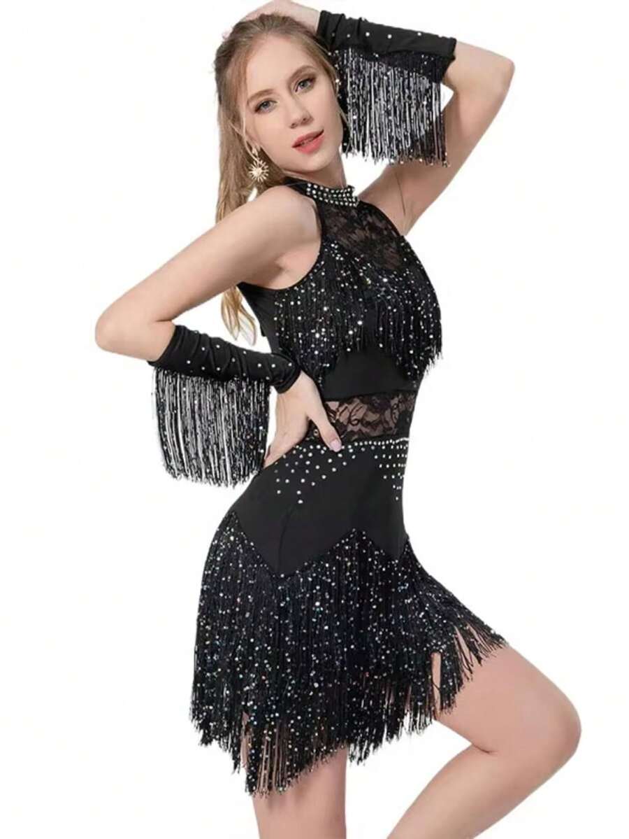激情拉丁舞服装 - 闪亮水钻蕾丝边流苏裙，适合恰恰/伦巴舞比赛和狂欢节庆典 - 黑色 - 查看 1