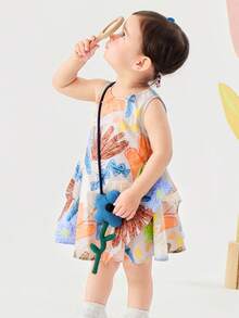 mini bala Girls' Pure Cotton Dress Baby Girl Sweet Bubble Gauze Breathable A-Line Sleeveless Art Dress - Gray Tone - View 3