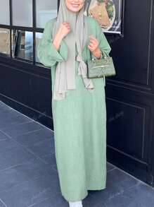 Robe longue ajustée élégante à col rond et manches longues unie pour un port quotidien, Kaftan modeste