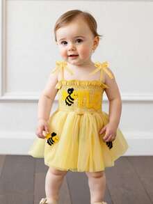 Baby Girl 1st Birthday Clothes One Year Old Tulle Romper Flying Sleeve Bodysuit Cake Smash Outfits - Màu vàng - Xem 2