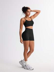 TCVC Women's Seamless Fashion Solid Color High Elasticity Naked Feeling Breathable Sport Bra + Shorts 2 Pieces Set, High Coverage Anti-Shock Gathering Padded Sexy Spaghetti Strap Beautiful Back, High Waist Abdomen Control Peachy Butt Solid Color Tight-Fitting Versatile Bike Shorts, Suitable For Running, Yoga, Gym, Outdoor, Casual, Recreation