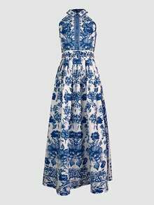 A-Line Loose Flower Print Split-Joint Lapel Maxi Dresses - White - View 3