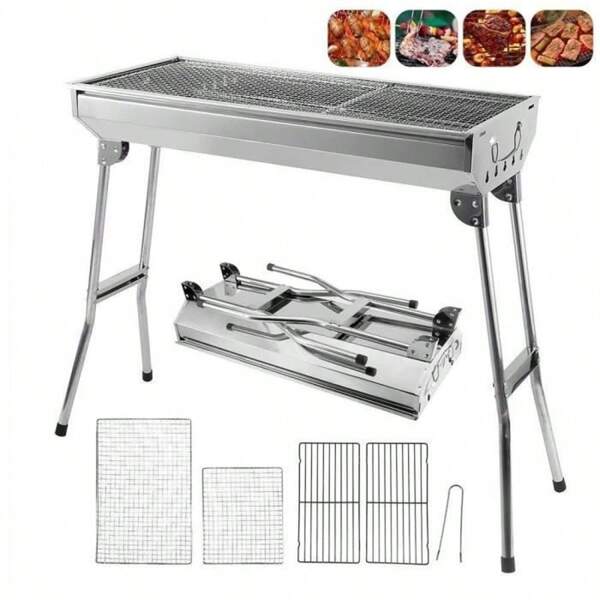 Barbecue a carbonella, barbecue a carbonella portatile con griglia in acciaio, barbecue pieghevole per campeggio, picnic, giardino all'aperto, 73*33,5*70 cm in acciaio inossidabile
