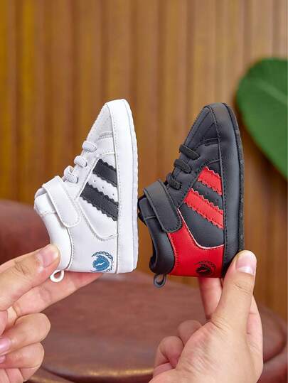 新生儿0-1岁时尚软底防滑初学走路鞋，中帮条纹印花图案运动鞋，适合男婴女婴，四季皆宜