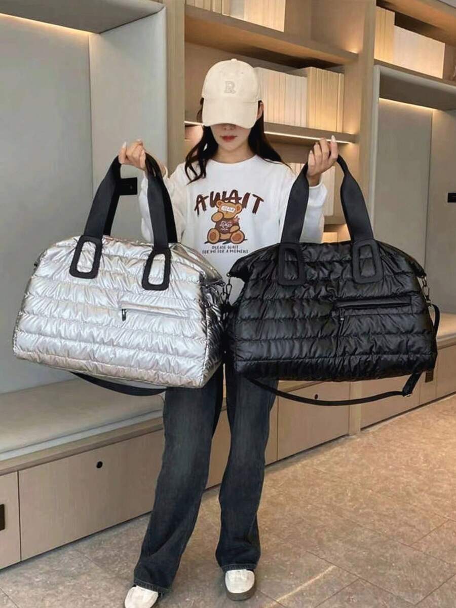 New Solid-Color Large-Capacity Travel Fitness Bag In Winter, Double-Handle Tote Bag With Welt Zipper Bag, Which Can Be Slung Sideways, Multi-Layer Lightweight Portable Fitness Bag, Weekend Overnight Bag, Suitable For Swimming, Fitness Yoga And Outdoor Sports. - Silver - View 1