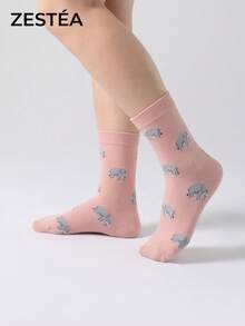 1 Pair Mid-Crew Socks With Elephant Pattern, Comfortable Breathable Moisture-Wicking Interesting Unique Versatile Gift Socks - Multicolor - View 2