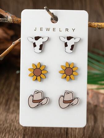 3 对西部牛仔风格木质耳钉套装 - 包括牛头、向日葵、牛仔帽设计，波西米亚风格耳环适合日常佩戴、度假装扮，送给朋友、女朋友或妈妈的礼物