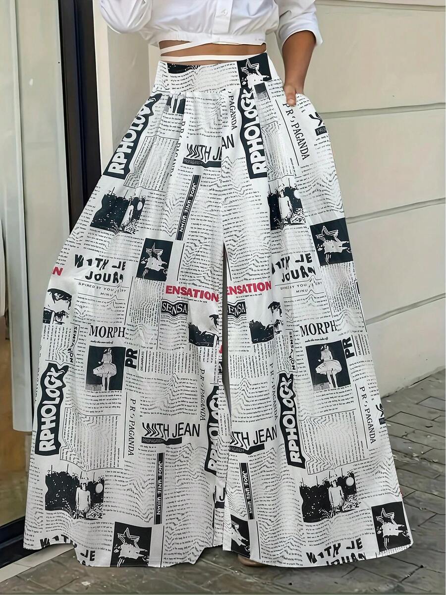 Women Random Print Minimalist Daily High Waisted Pants, Elegant Summer/Spring - White - View 1
